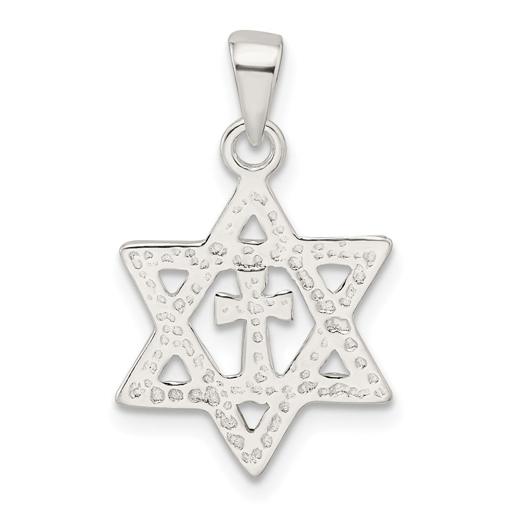 Sterlingsilber Poliert und Diamantiert Stern Of David mit Kreuz Anhänger