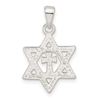 Sterlingsilber Poliert und Diamantiert Stern Of David mit Kreuz Anhänger
