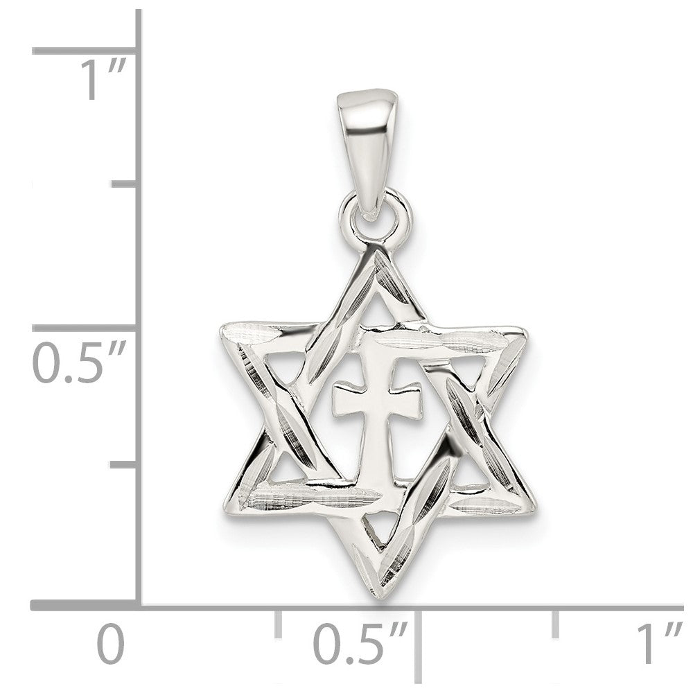 Sterlingsilber Poliert und Diamantiert Stern Of David mit Kreuz Anhänger