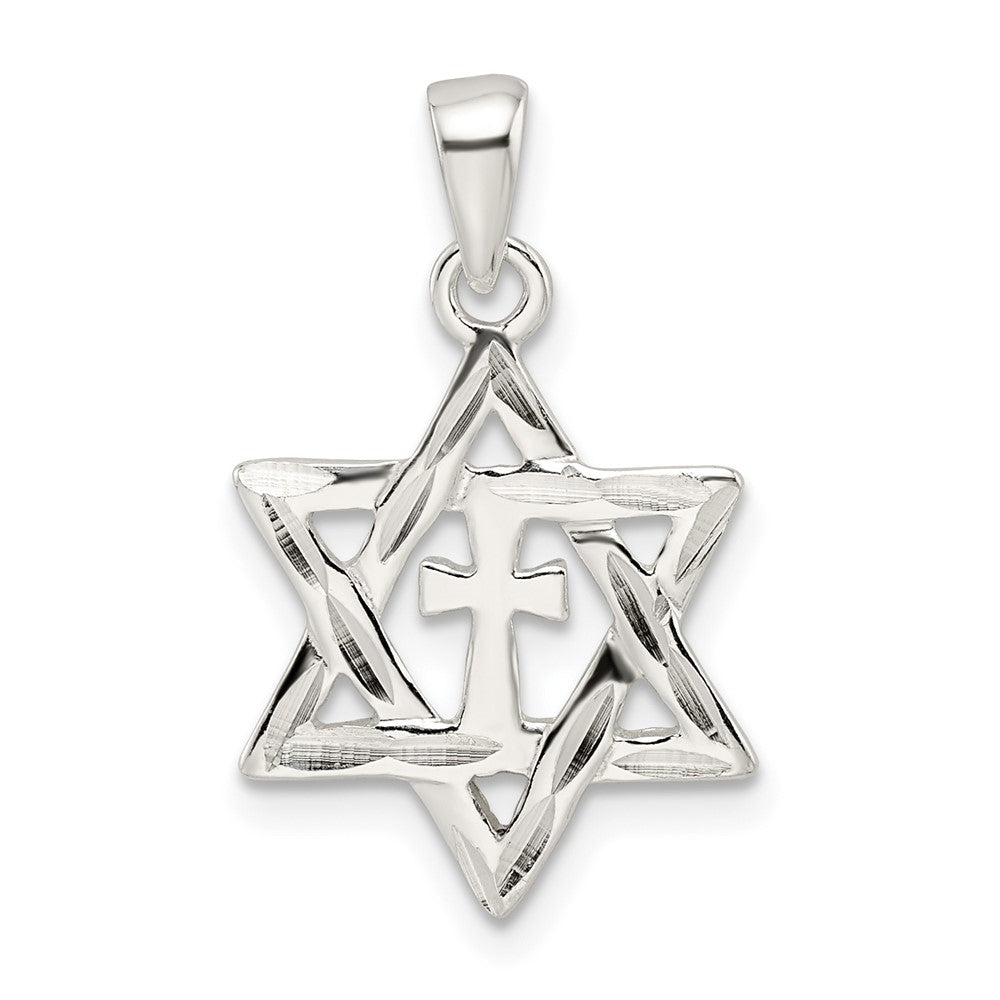 Sterlingsilber Poliert und Diamantiert Stern Of David mit Kreuz Anhänger