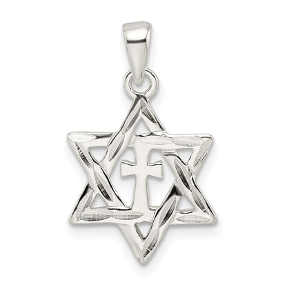 Sterlingsilber Poliert und Diamantiert Stern Of David mit Kreuz Anhänger