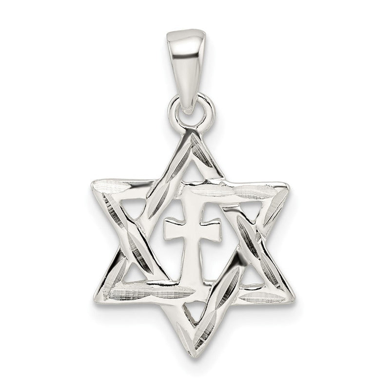 Sterlingsilber Poliert und Diamantiert Stern Of David mit Kreuz Anhänger