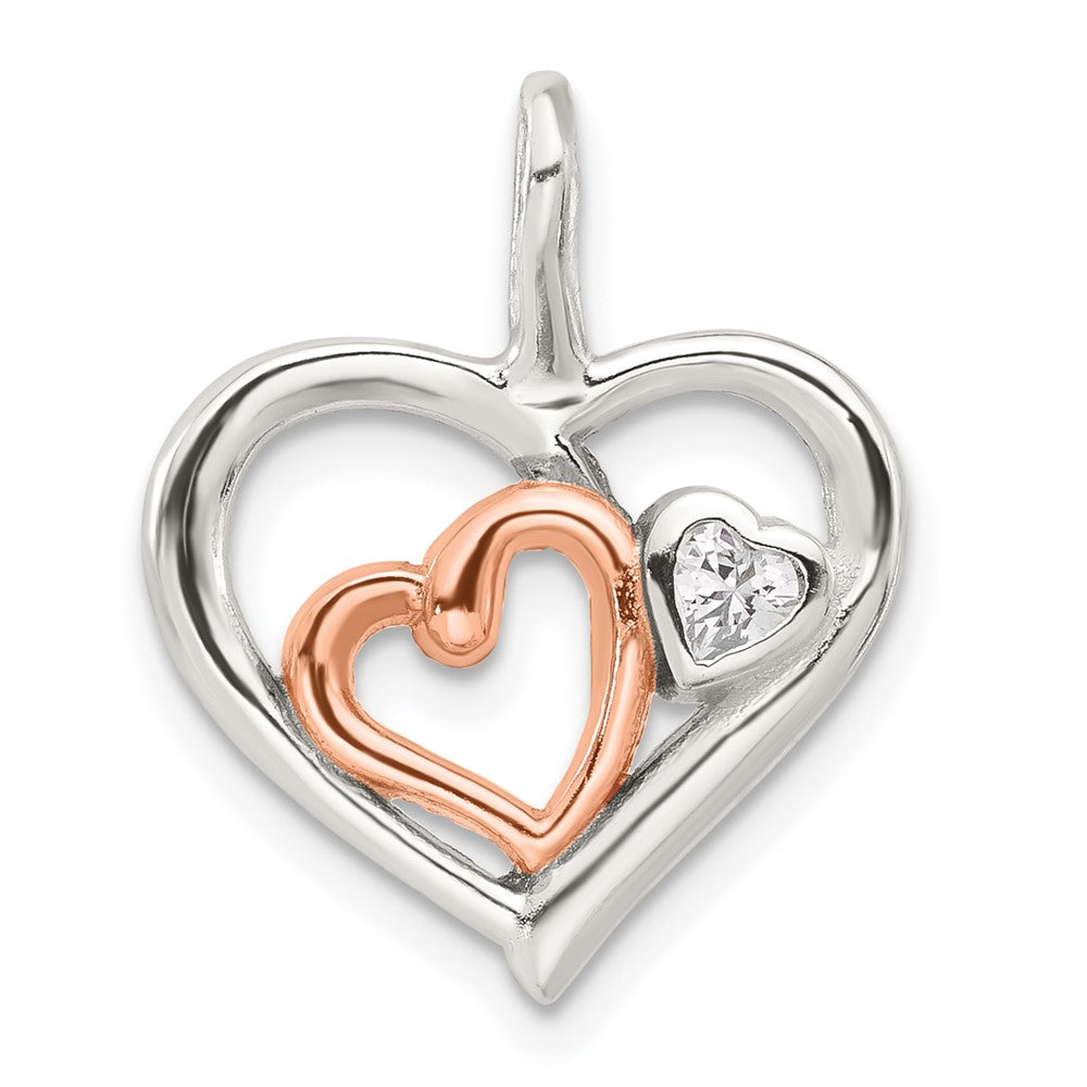Sterlingsilber E-coat und Roséfarben Zirkonia Herzen Anhänger