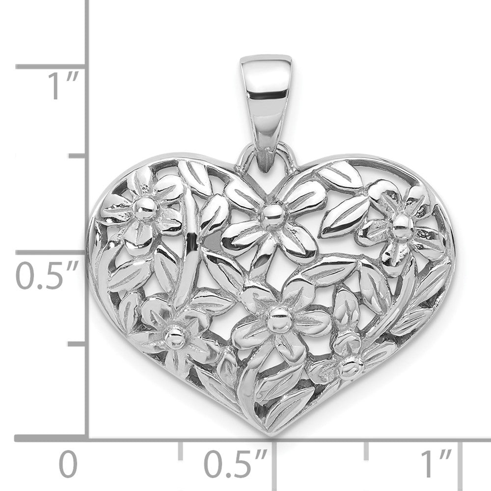 Sterlingsilber Rhodiniert Poliert Blume Herz Anhänger