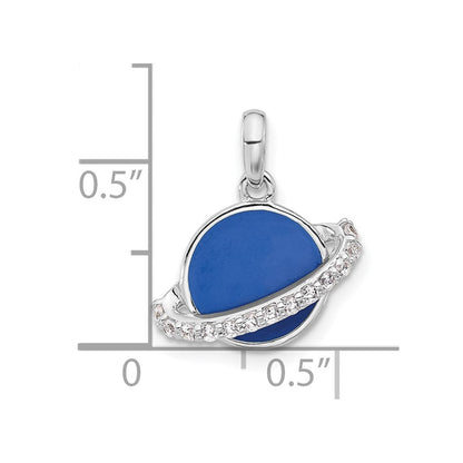 Sterlingsilber Rhodiniert Poliert Rund Blau Emaille Zirkonia Planet Anhänger