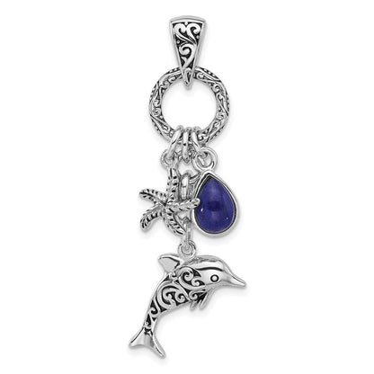 Sterlingsilber Rhod/oxidized Lapis Lazuli Delfin/starfish Anhänger