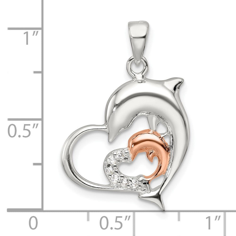 Sterlingsilber Roséfarben Poliert Zirkonia Delfin Herz Anhänger