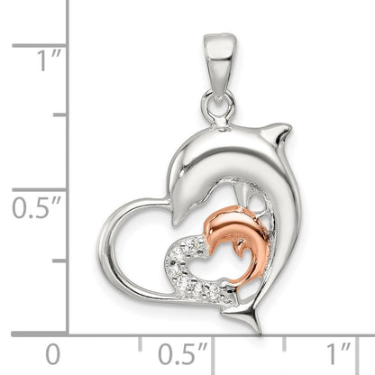 Sterlingsilber Roséfarben Poliert Zirkonia Delfin Herz Anhänger