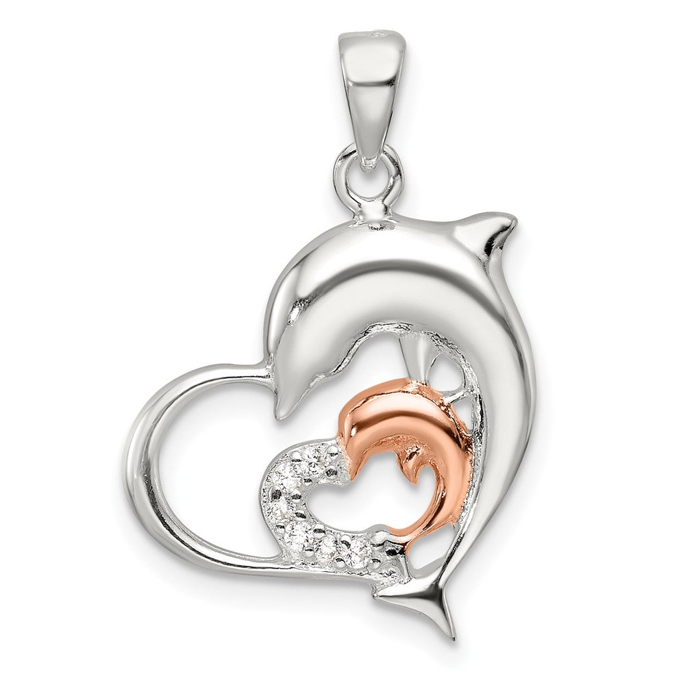 Sterlingsilber Roséfarben Poliert Zirkonia Delfin Herz Anhänger