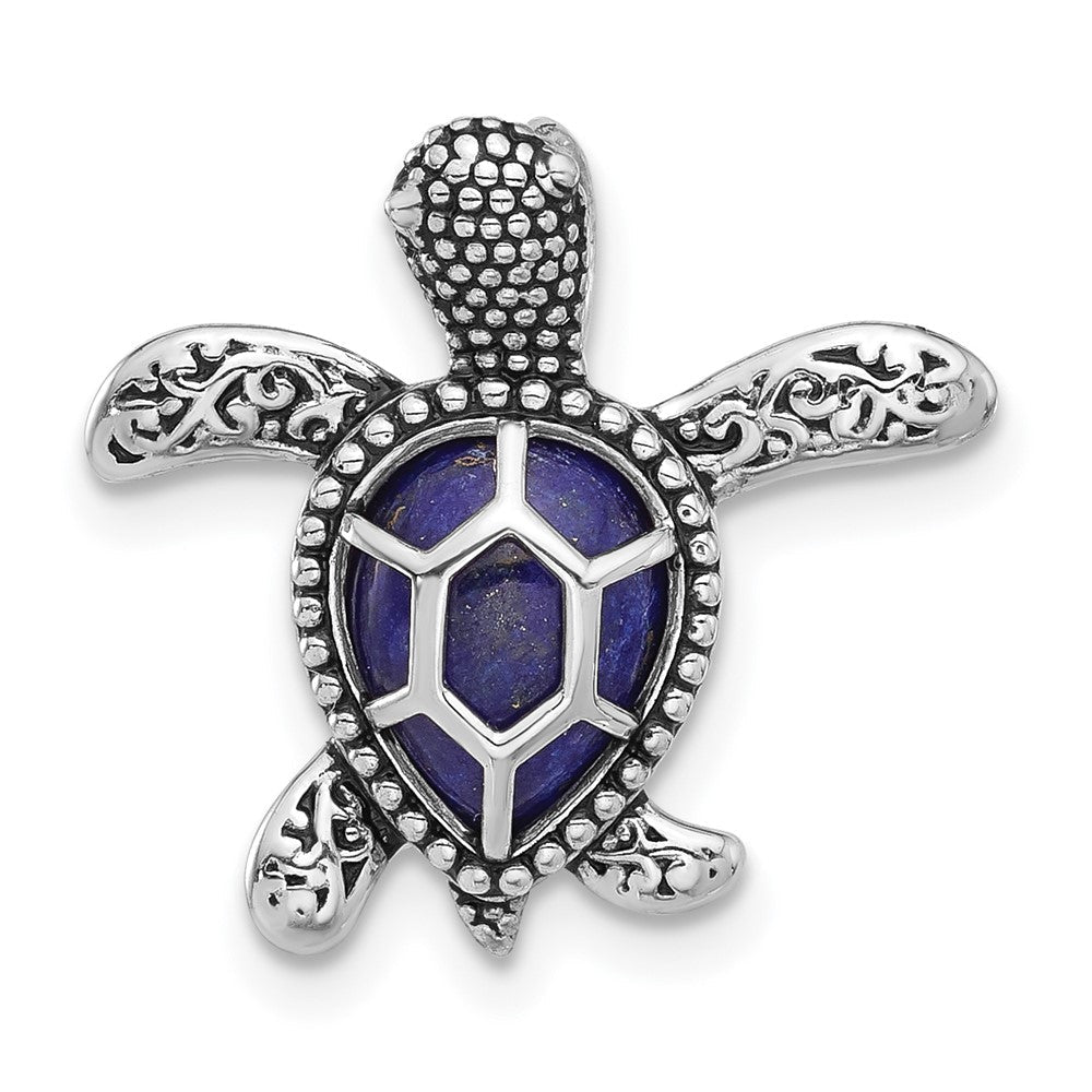 Sterlingsilber Rhodiniert Poliert und Antikisiert Lapis Schildkröte Kette Anhänger
