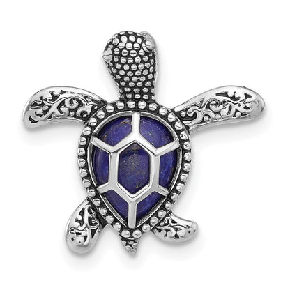 Sterlingsilber Rhodiniert Poliert und Antikisiert Lapis Schildkröte Kette Anhänger