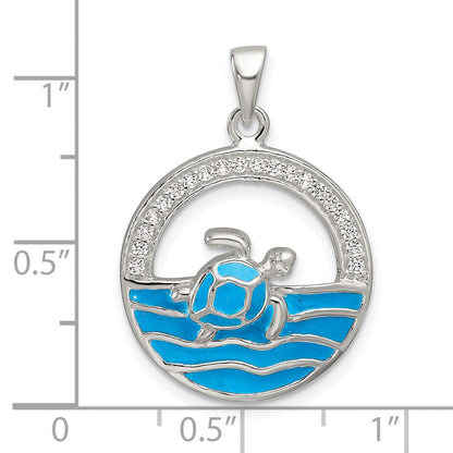 Sterlingsilber Poliert Blau Emaille und Zirkonia Meer Schildkröte Kreis Anhänger