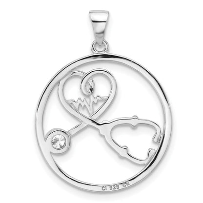 Sterlingsilber Rhodiniert mit Zirkonia Stethoscope und Heartbeat Anhänger