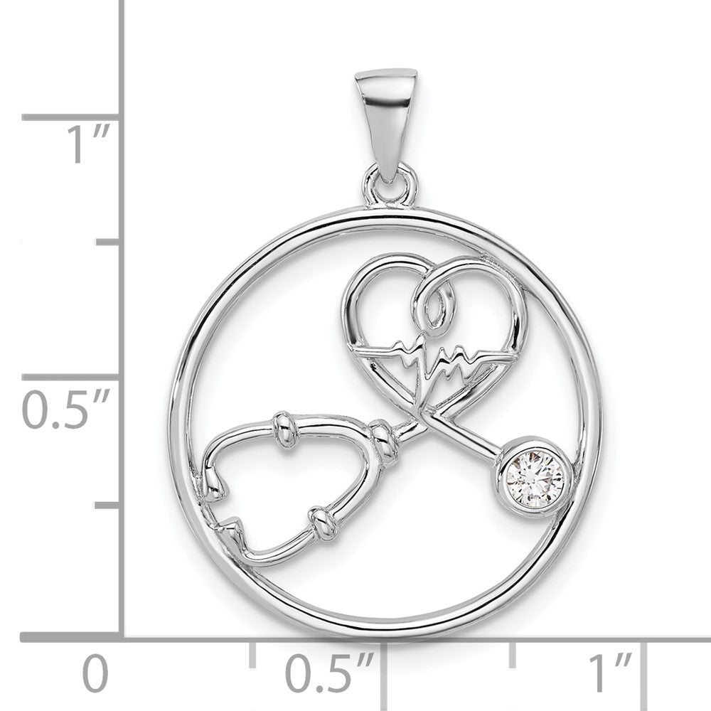 Sterlingsilber Rhodiniert mit Zirkonia Stethoscope und Heartbeat Anhänger