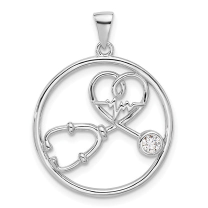 Sterlingsilber Rhodiniert mit Zirkonia Stethoscope und Heartbeat Anhänger