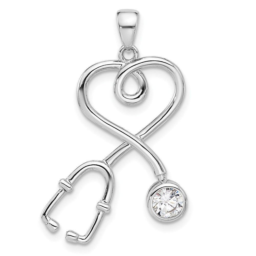 Sterlingsilber Rhodiniert mit Zirkonia Stethoscope mit Herz Anhänger