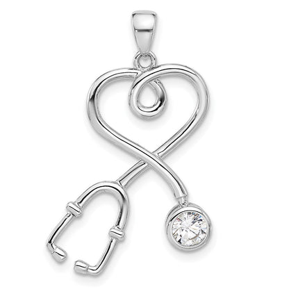 Sterlingsilber Rhodiniert mit Zirkonia Stethoscope mit Herz Anhänger