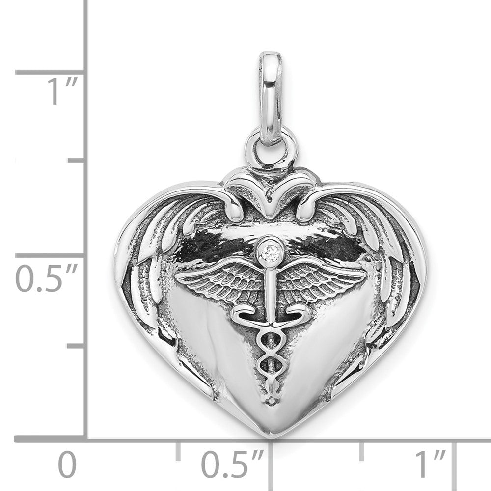 Sterlingsilber Rhodiniert Caduceus Herz und Flügel Zirkonia Oxidiert Anhänger