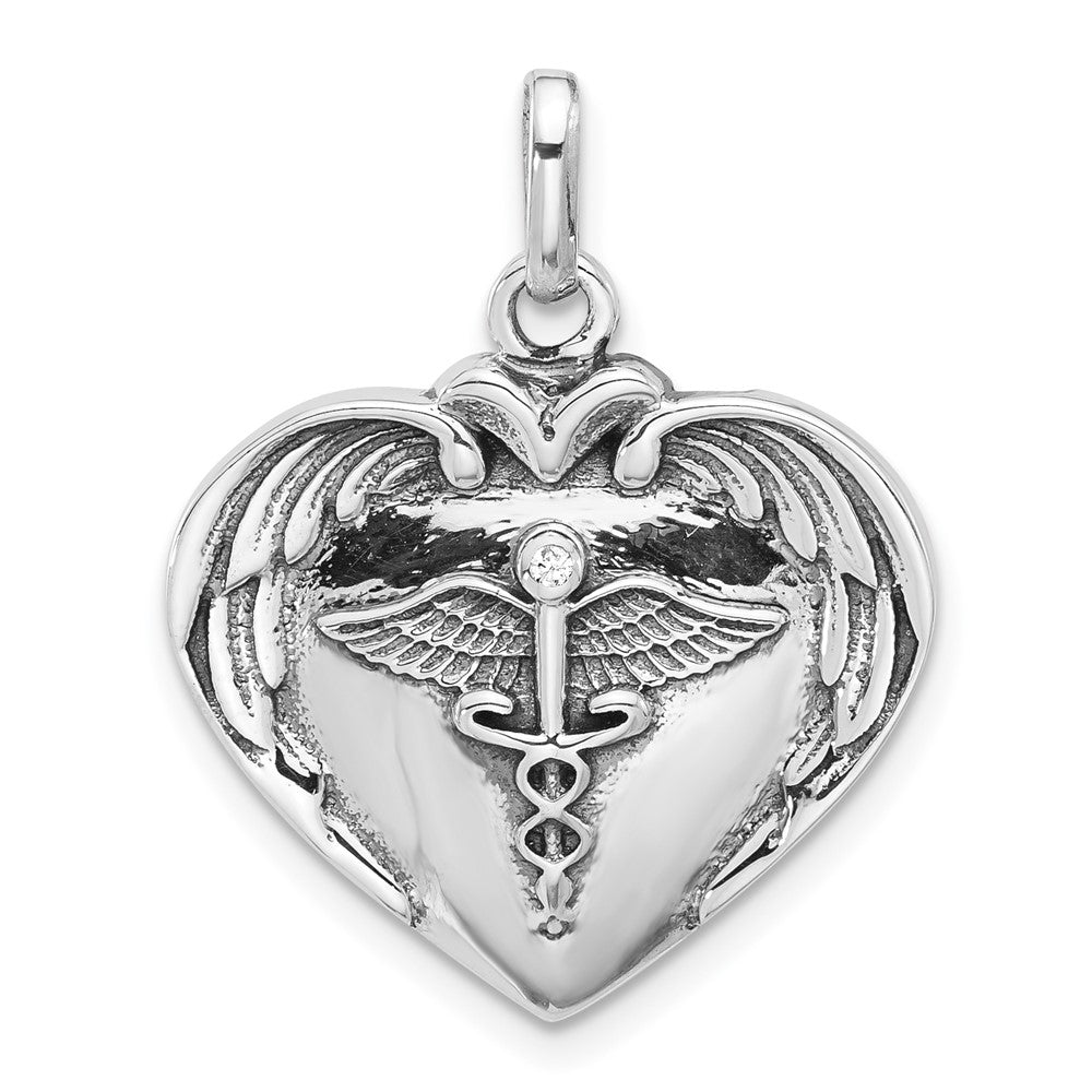 Sterlingsilber Rhodiniert Caduceus Herz und Flügel Zirkonia Oxidiert Anhänger