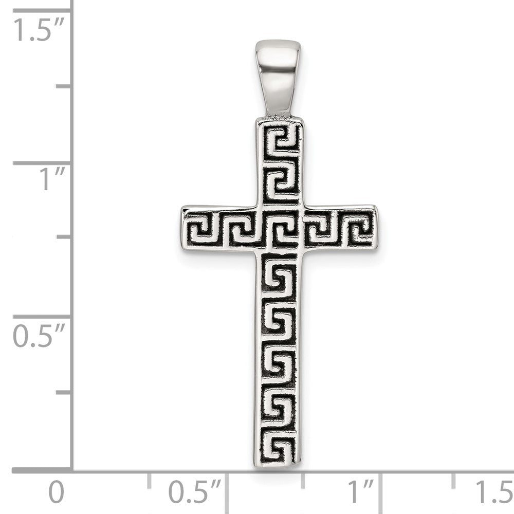 Sterlingsilber Poliert und Antikisiert Greek Key Lateinisch Kreuz Anhänger