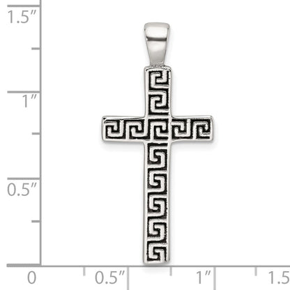 Sterlingsilber Poliert und Antikisiert Greek Key Lateinisch Kreuz Anhänger
