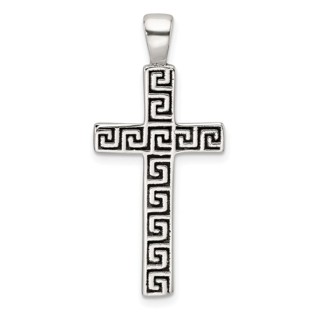 Sterlingsilber Poliert und Antikisiert Greek Key Lateinisch Kreuz Anhänger