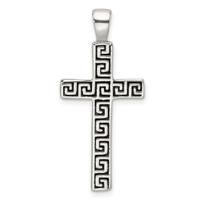 Sterlingsilber Poliert und Antikisiert Greek Key Lateinisch Kreuz Anhänger