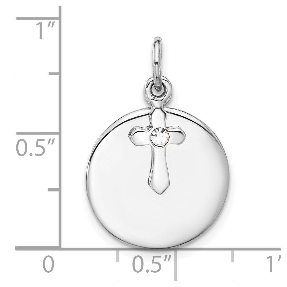 Sterlingsilber Rhodiniert Kreis Disk und Kreuz mit Klar Kristall Anhänger