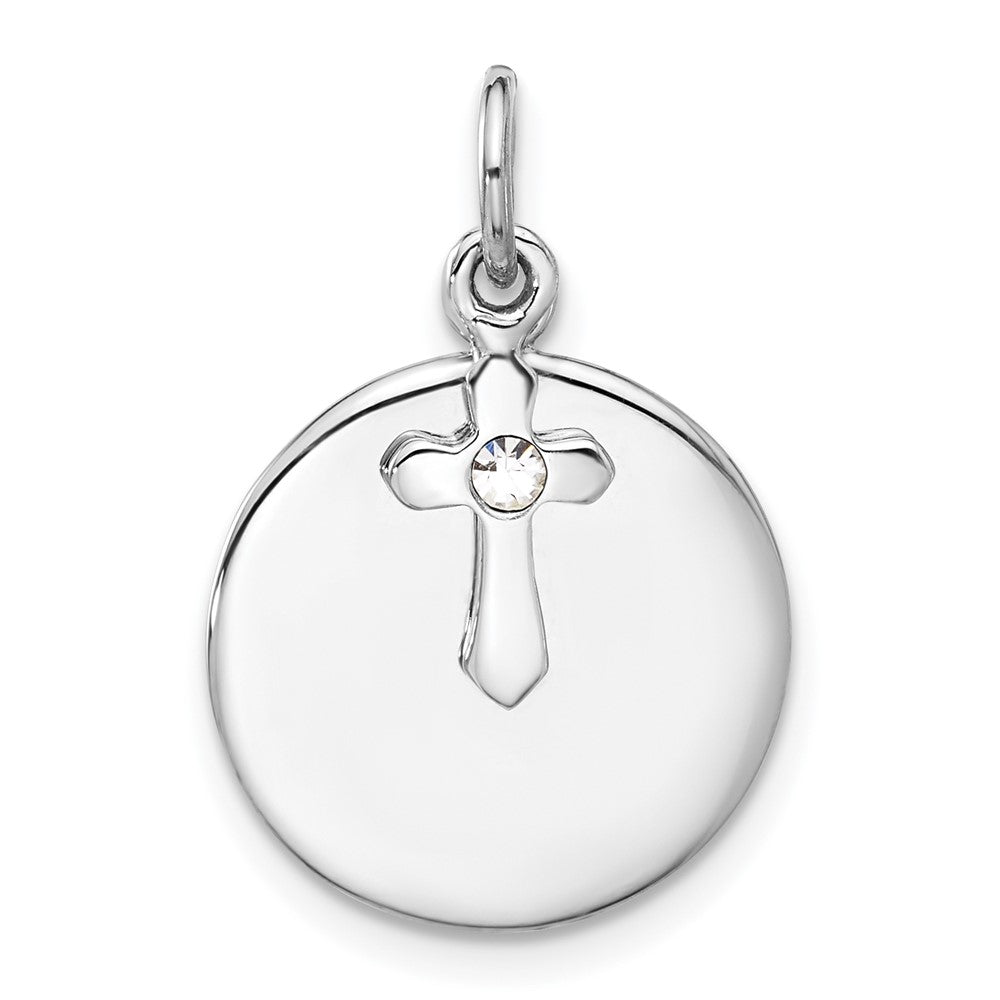 Sterlingsilber Rhodiniert Kreis Disk und Kreuz mit Klar Kristall Anhänger
