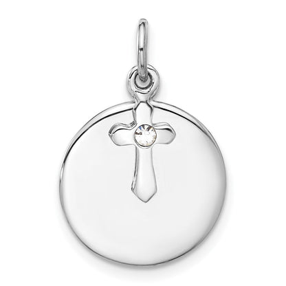 Sterlingsilber Rhodiniert Kreis Disk und Kreuz mit Klar Kristall Anhänger