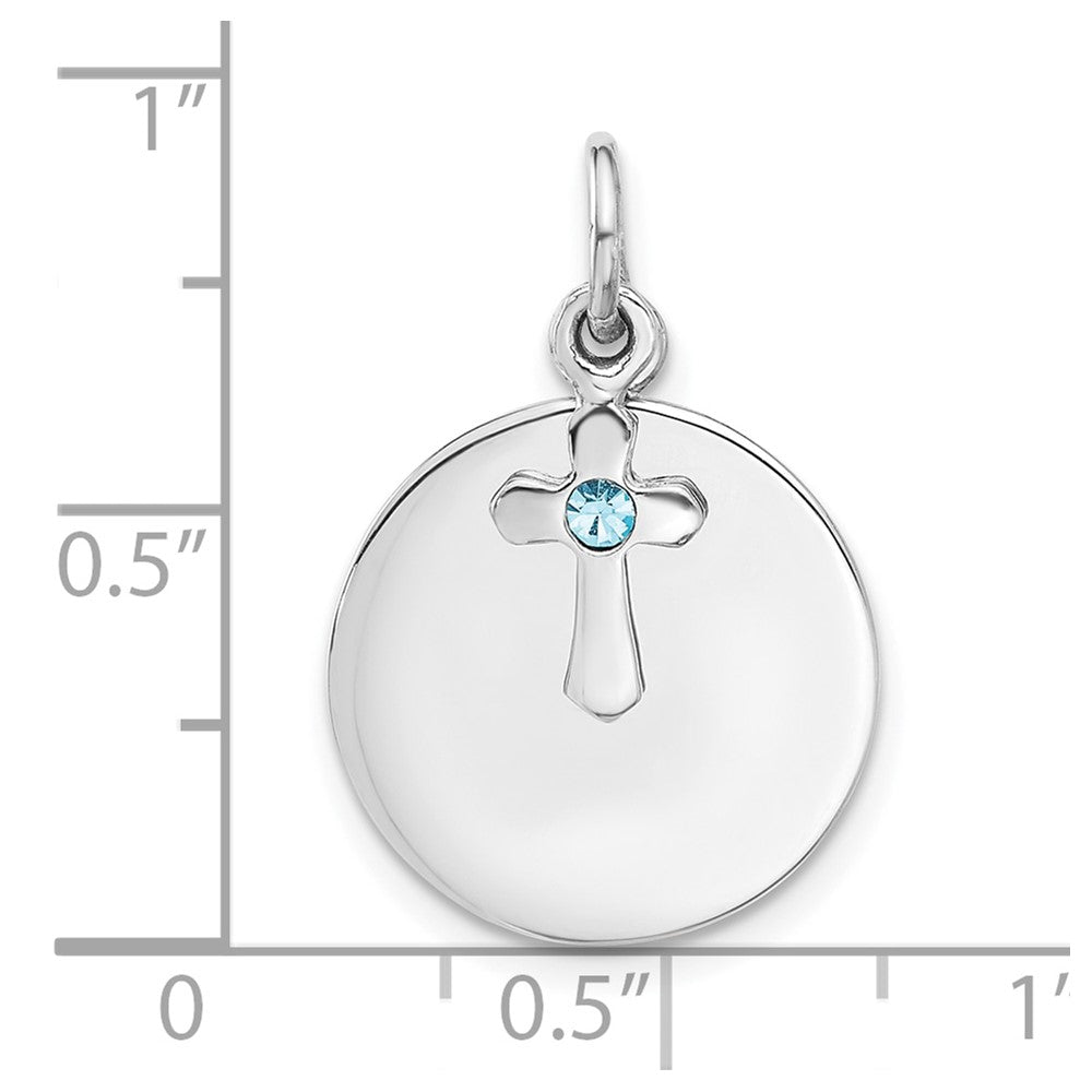 Sterlingsilber Rhodiniert Kreis Disk und Kreuz mit Blau Kristall Anhänger