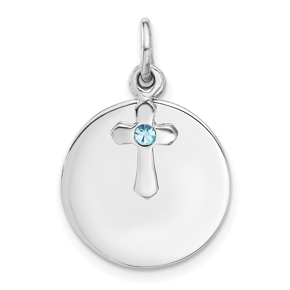 Sterlingsilber Rhodiniert Kreis Disk und Kreuz mit Blau Kristall Anhänger