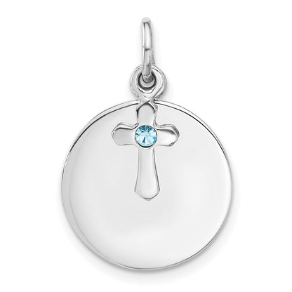 Sterlingsilber Rhodiniert Kreis Disk und Kreuz mit Blau Kristall Anhänger