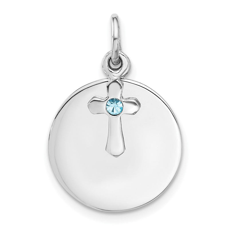 Sterlingsilber Rhodiniert Kreis Disk und Kreuz mit Blau Kristall Anhänger