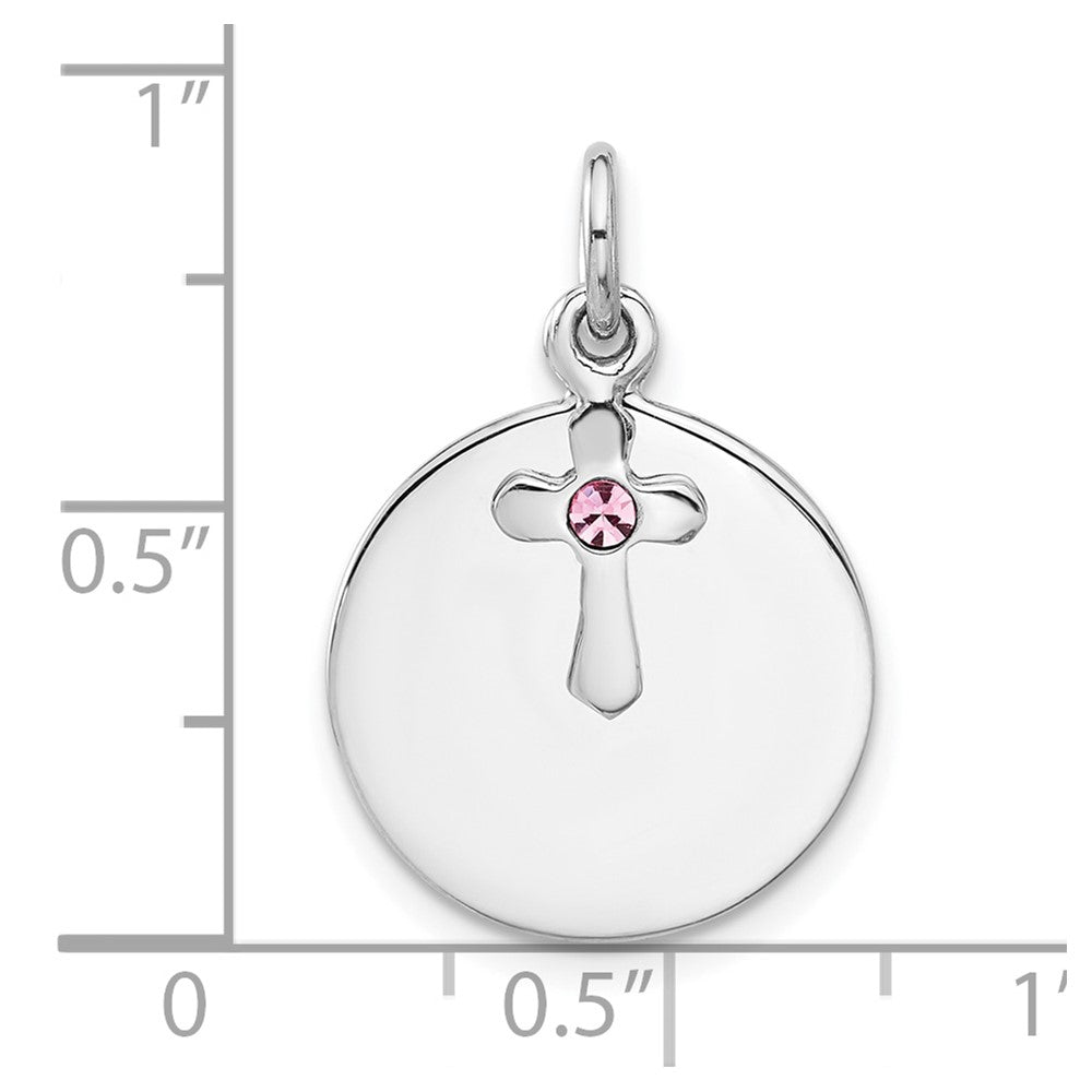 Sterlingsilber Rhodiniert Kreis Disk und Kreuz mit Rosa Kristall Anhänger