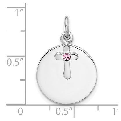 Sterlingsilber Rhodiniert Kreis Disk und Kreuz mit Rosa Kristall Anhänger