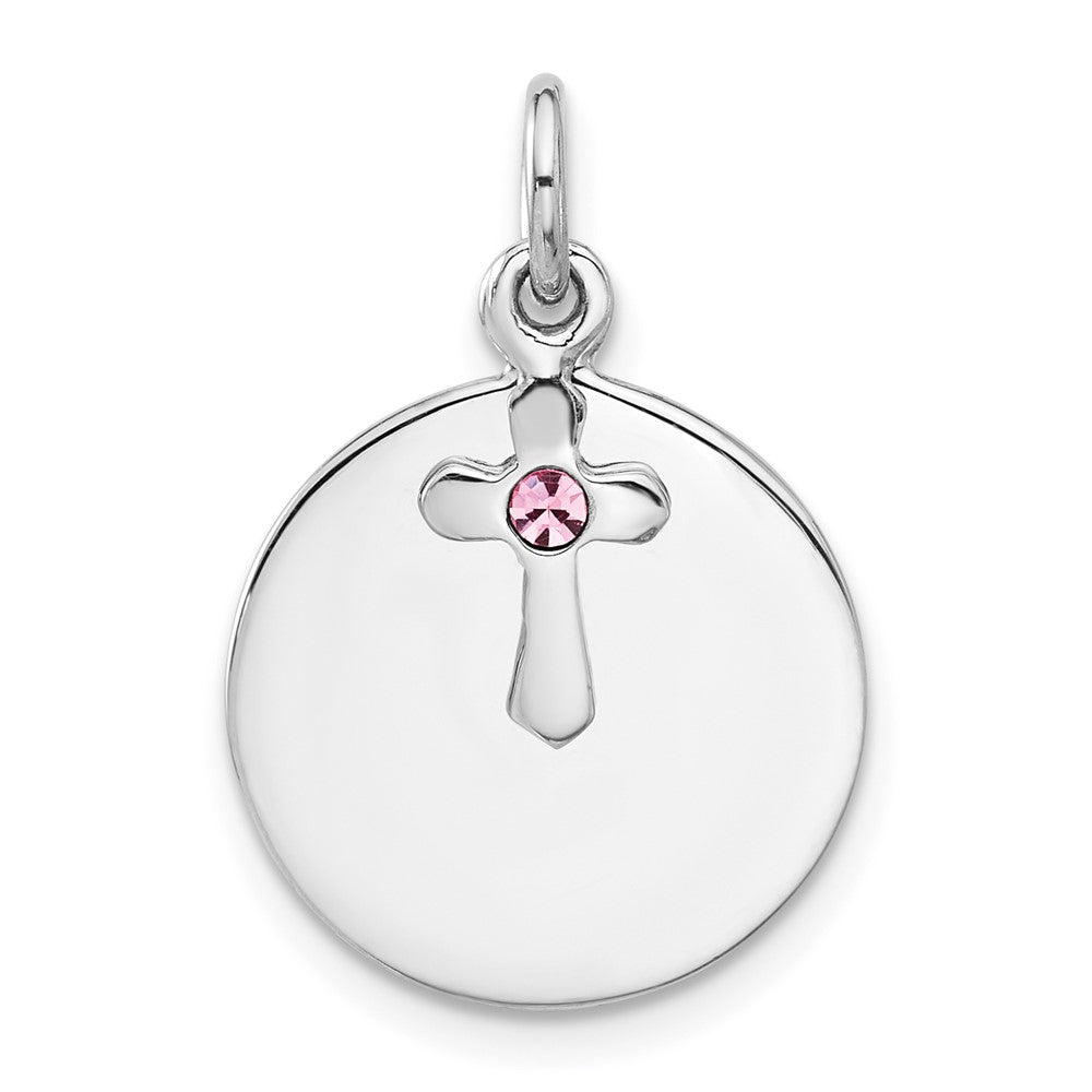 Sterlingsilber Rhodiniert Kreis Disk und Kreuz mit Rosa Kristall Anhänger
