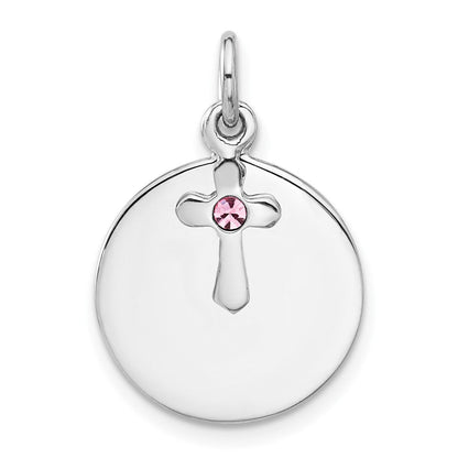 Sterlingsilber Rhodiniert Kreis Disk und Kreuz mit Rosa Kristall Anhänger