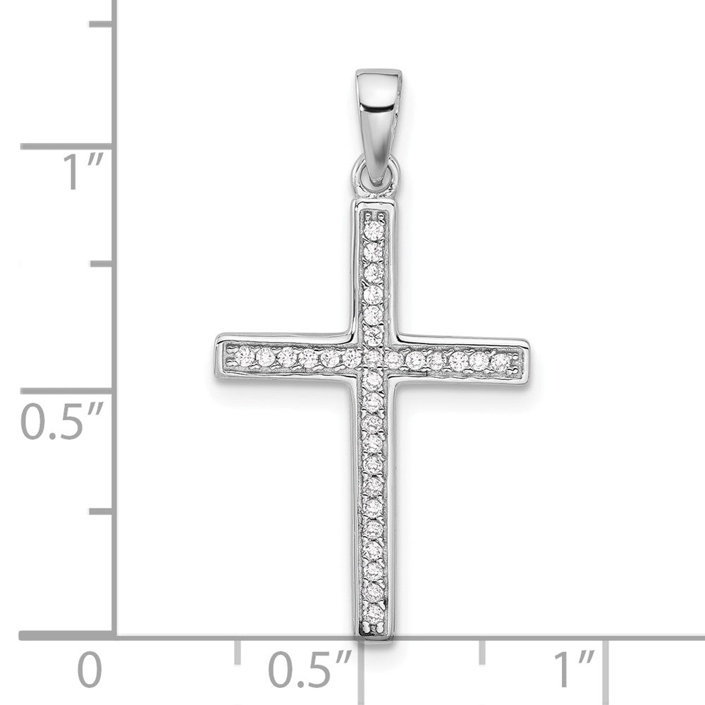 Sterlingsilber Rhodiniert Poliert und Zirkonia Lateinisch Kreuz Anhänger