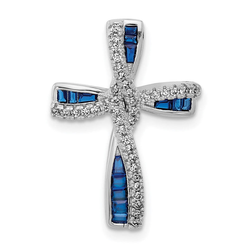 Sterlingsilber Glanz Platin-beschichtet Synthetisch Blau Spinell und Zirkonia Kreuz Charm