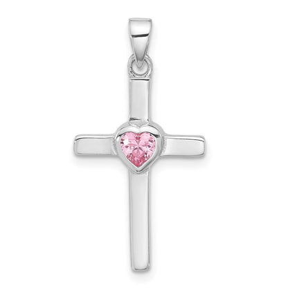 Sterlingsilber Rhodiniert Rosa Herz Zirkonia Kreuz Anhänger