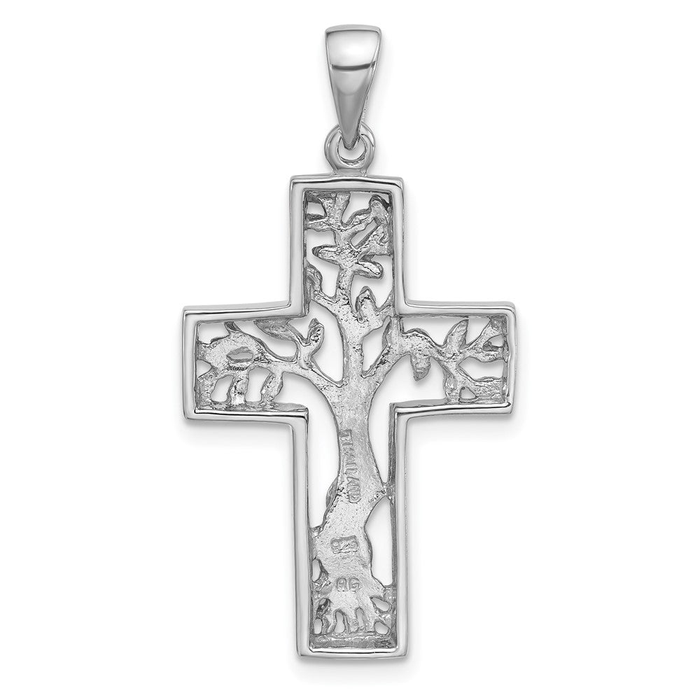 Sterlingsilber Rhodiniert Poliert Baum in Kreuz Anhänger