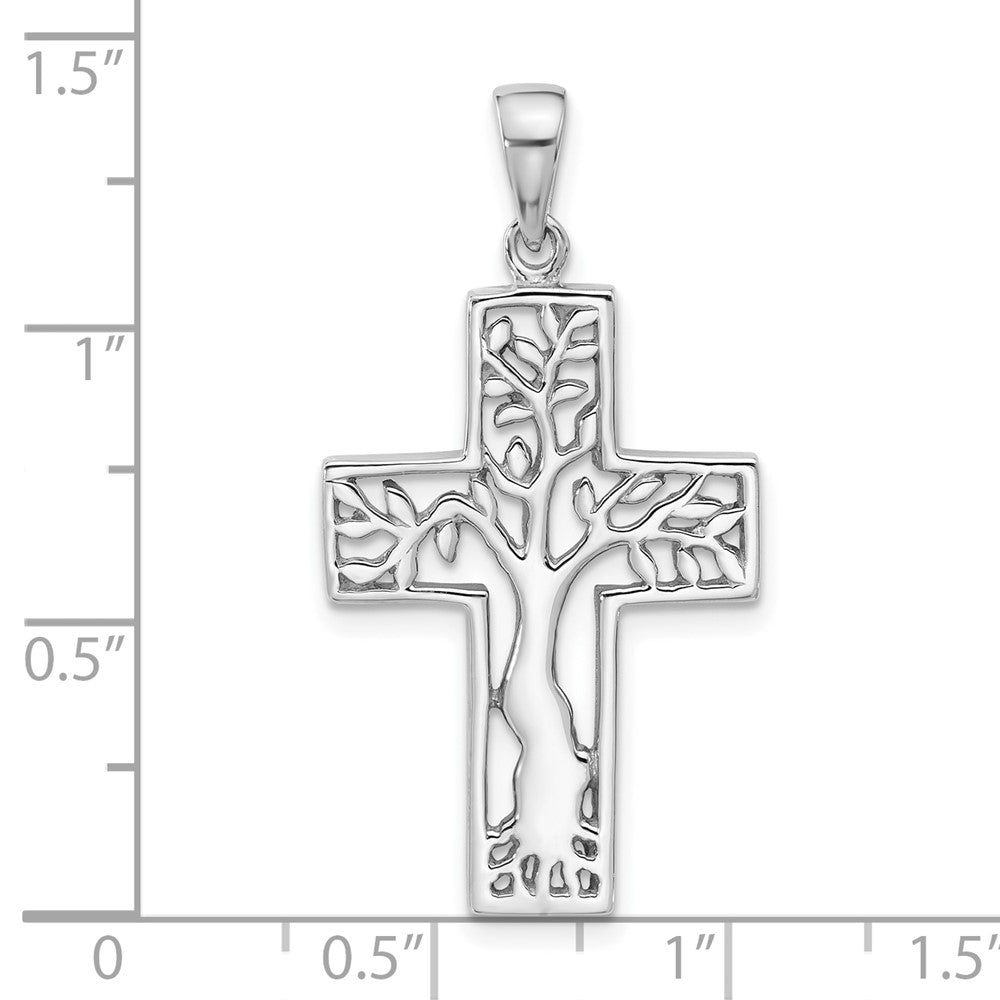 Sterlingsilber Rhodiniert Poliert Baum in Kreuz Anhänger