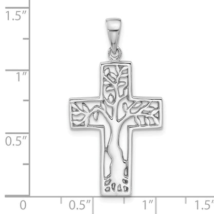 Sterlingsilber Rhodiniert Poliert Baum in Kreuz Anhänger