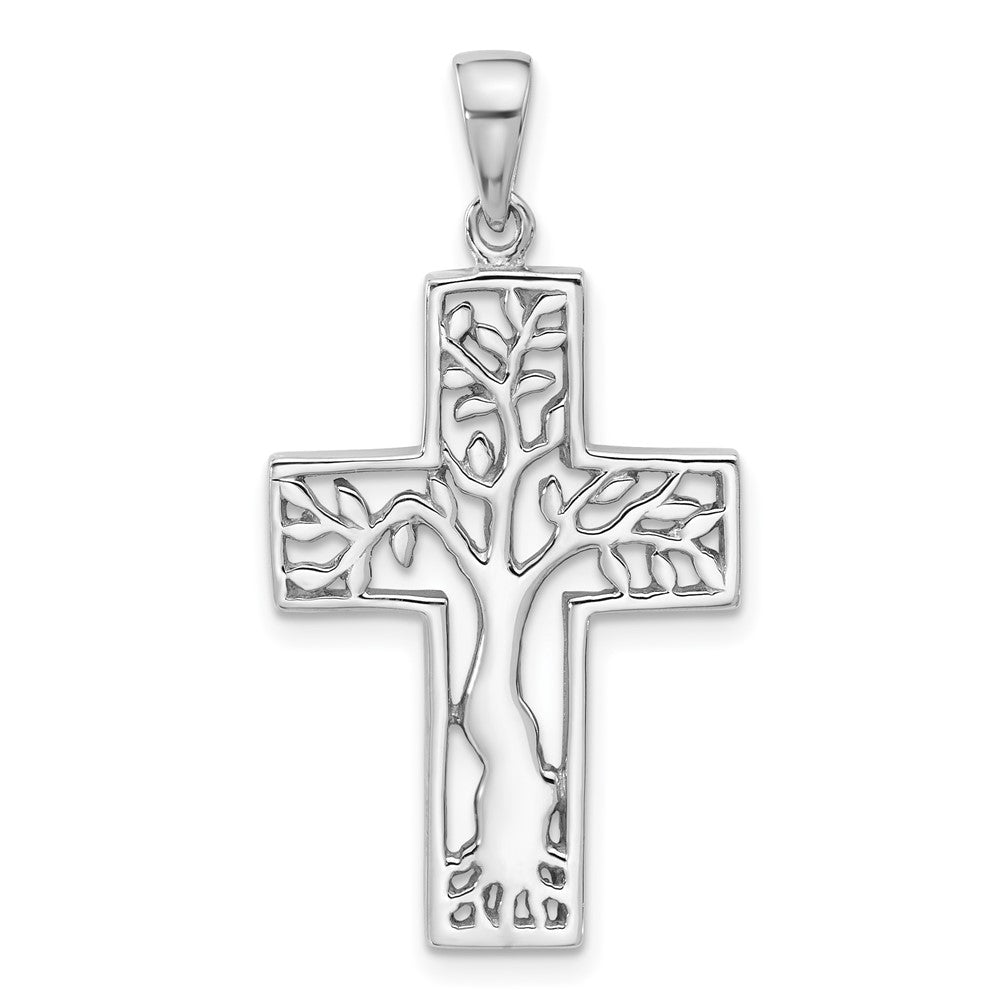 Sterlingsilber Rhodiniert Poliert Baum in Kreuz Anhänger