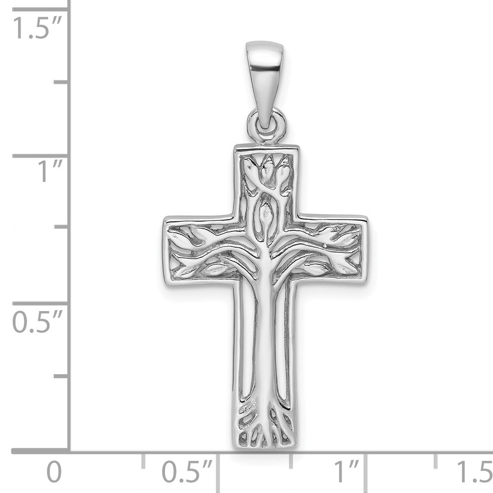 Sterlingsilber Rhodiniert Poliert Kreuz mit Baum Anhänger