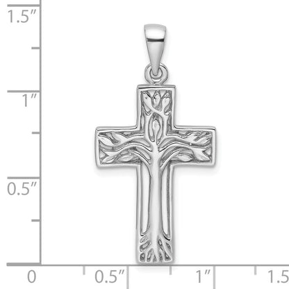 Sterlingsilber Rhodiniert Poliert Kreuz mit Baum Anhänger
