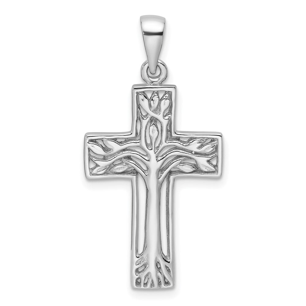 Sterlingsilber Rhodiniert Poliert Kreuz mit Baum Anhänger