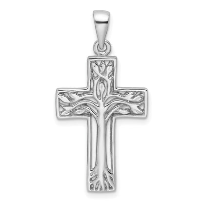Sterlingsilber Rhodiniert Poliert Kreuz mit Baum Anhänger