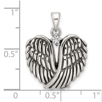 Sterlingsilber Poliert und Antikisiert Zirkonia Engel Flügel Herz Anhänger